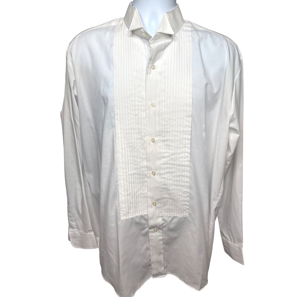 LUCASINI Mens White Tuxedo Shirt 17 34-35  Wing Tip Pleated Bib Formal Black Tie